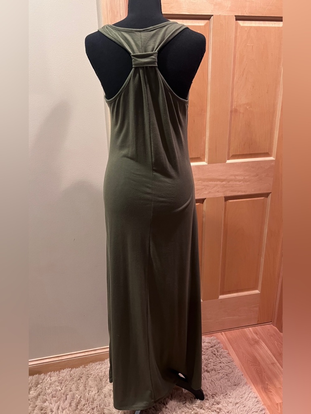 Vintage Olive Green Form Fitting Stretch Racerback Maxi Dress Camo Star Patch M - Picture 6 of 13